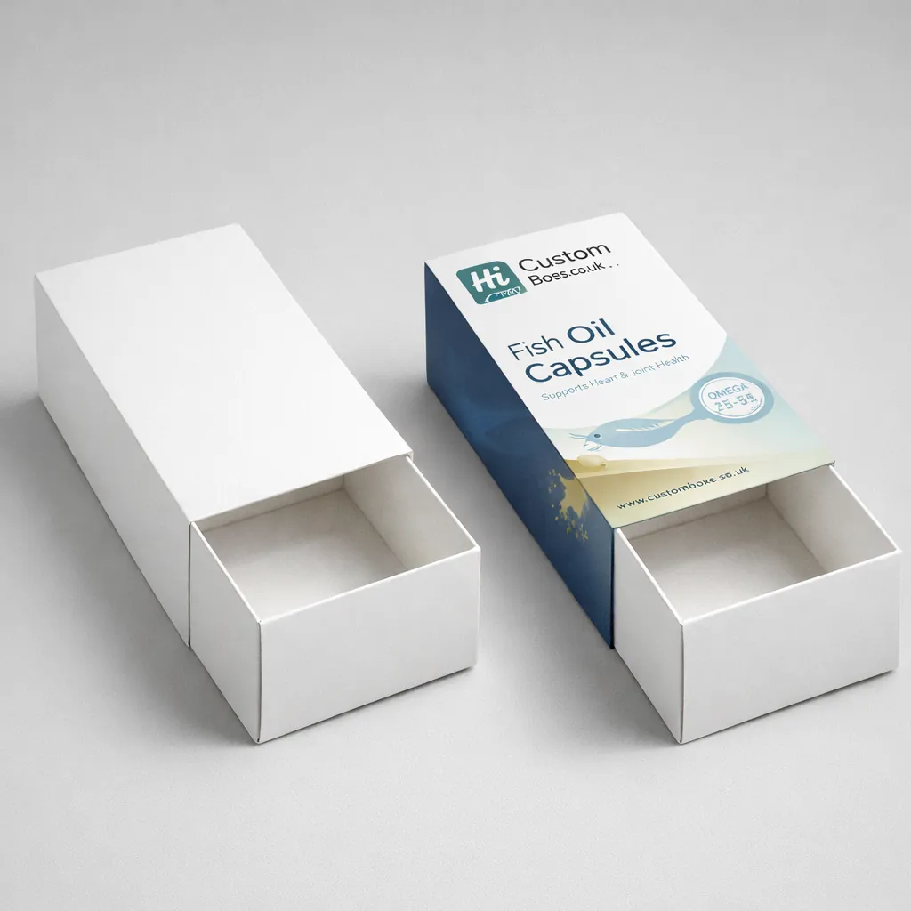 Two white sliding drawer boxes, one blank and one with professional blue medical-style product labelling. class=